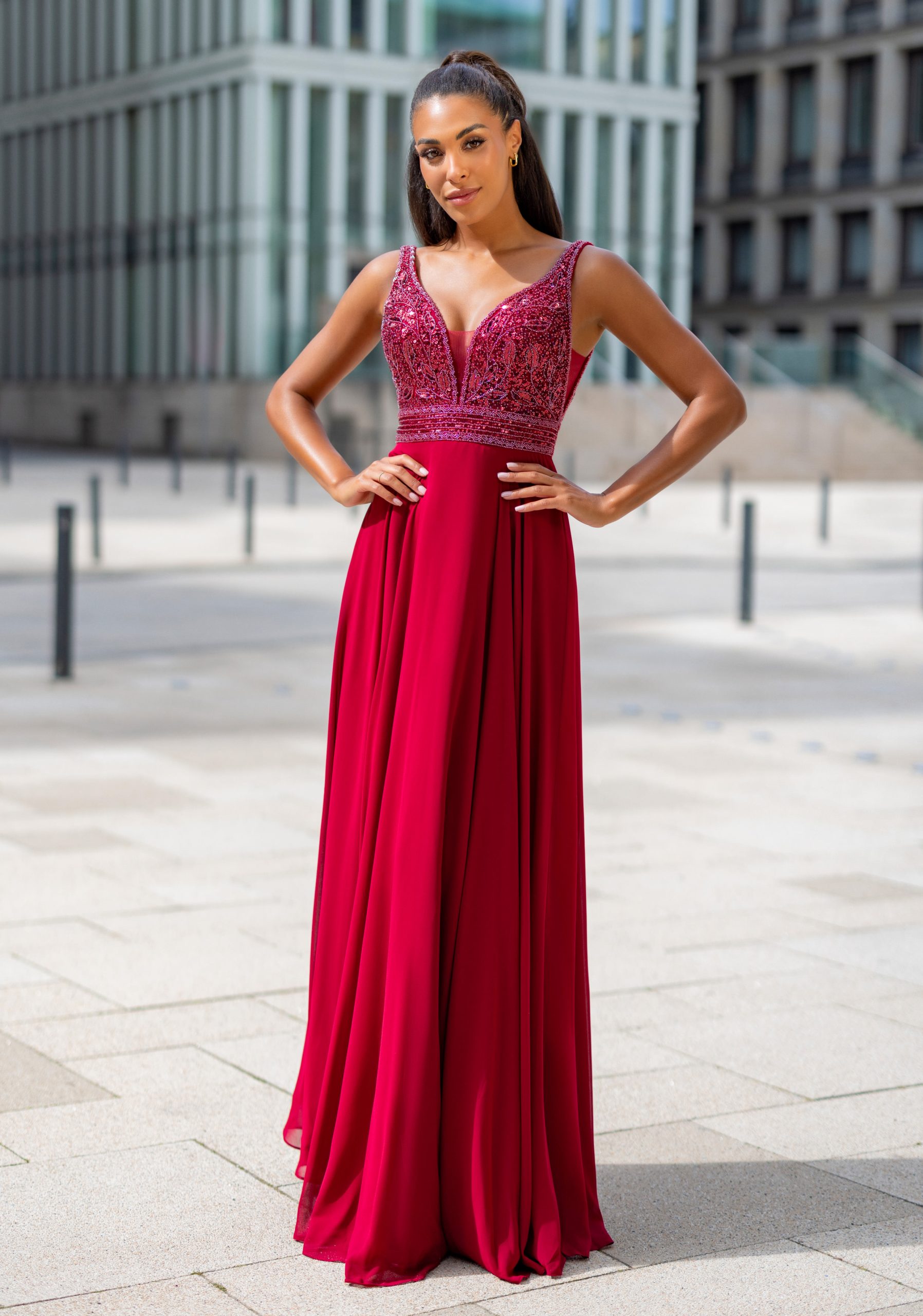 Vestido largo de gasa Christian Koehlert rojo