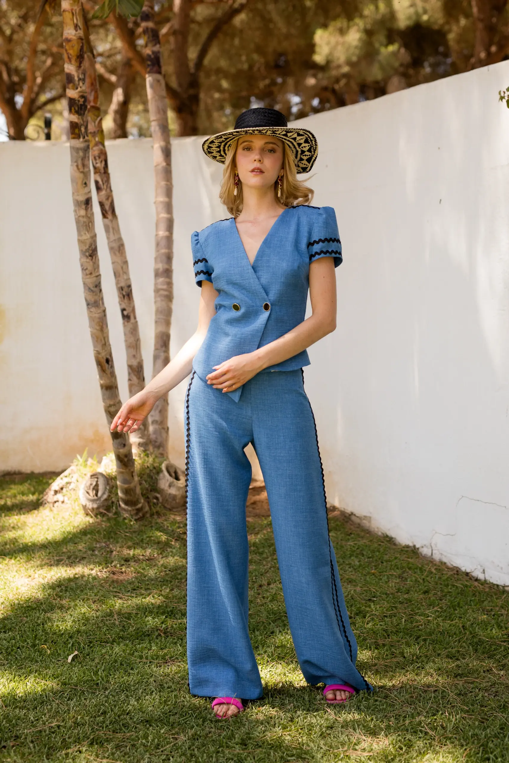 Conjunto azul Meryfor Mauren de mujer con pantalĂłn elegante para invitada de comuniĂłn