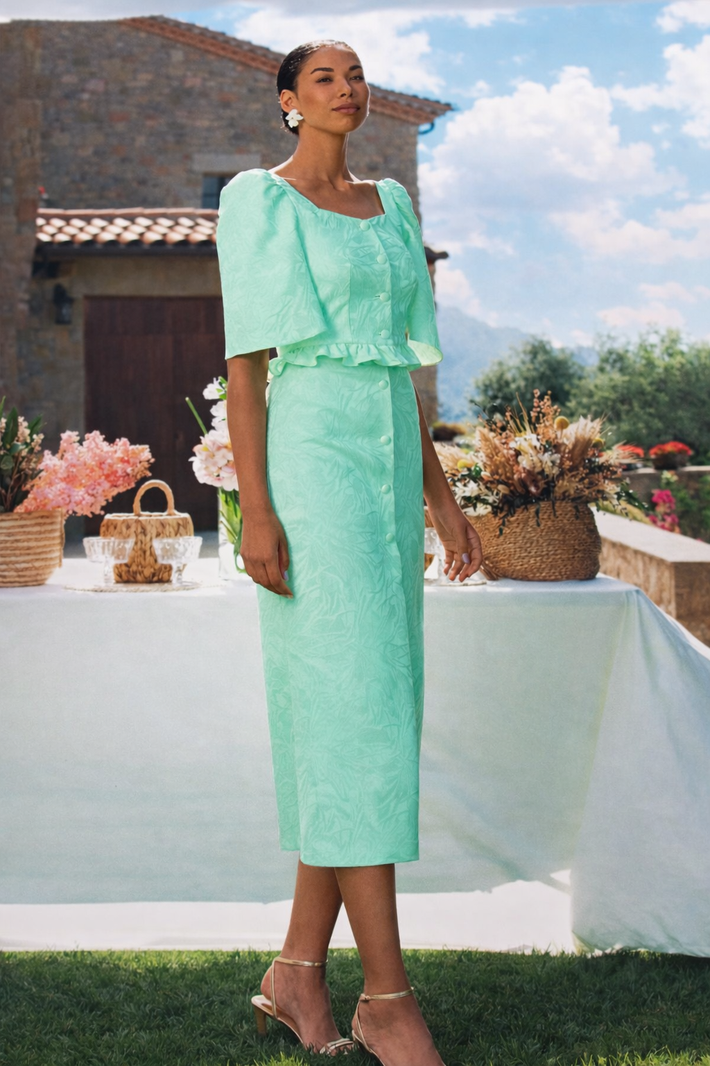 conjunto invitada verde agua Betzzia top y falda midi