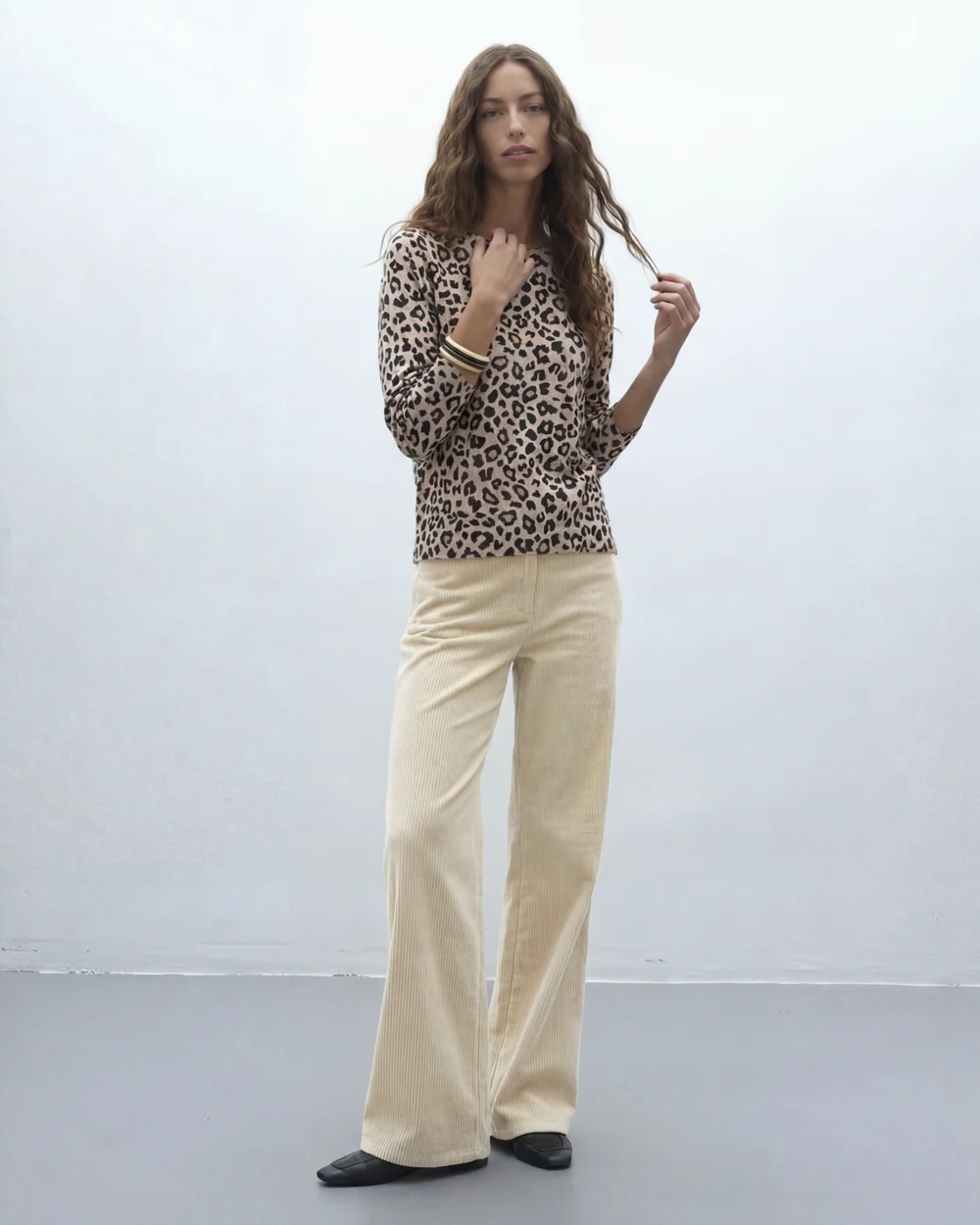 Jersey de punto fino estampado cuello redondo manga larga Andam Beige
