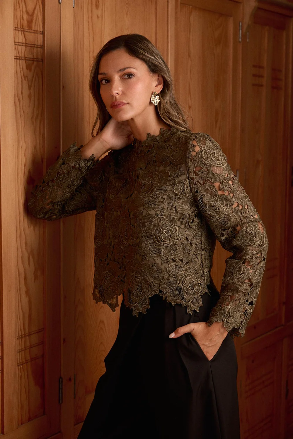 Blusa Encaje Kala Polin et Moi verde oliva